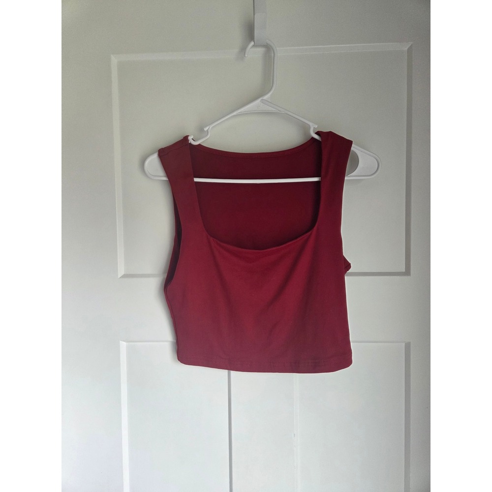 Red Square Neck Crop Top Tank Medium Sleeveless Stretch Solid